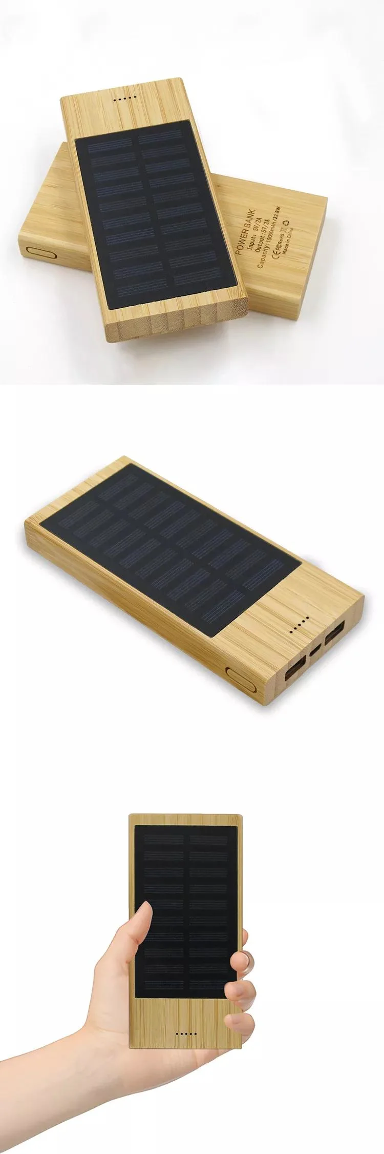 Custom Carving Logo Mobile Phone Accessories Wooden Outdoor 10000mAh Solar Portable Charger Power Bank