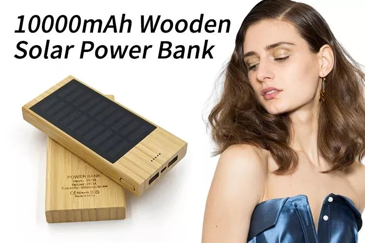 Custom Carving Logo Mobile Phone Accessories Wooden Outdoor 10000mAh Solar Portable Charger Power Bank