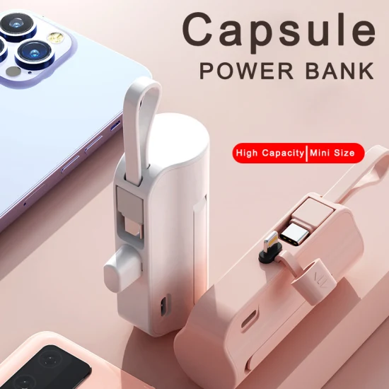 Miglior regalo promozionale Pillola OEM 5000mAh Capsula compatta ricaricabile portatile di emergenza Cavo integrato 2 in 1 Mini Power Bank per iPhone Android Tipo C